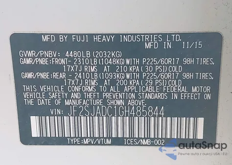 2016 Subaru Forester 2.5I Premium from USA, damaged, VIN JF2SJADC1GH485844